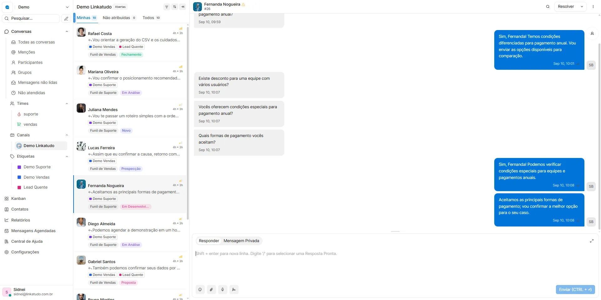 Conversa comercial do Chat Linkatudo com dúvidas sobre condições e pagamento.